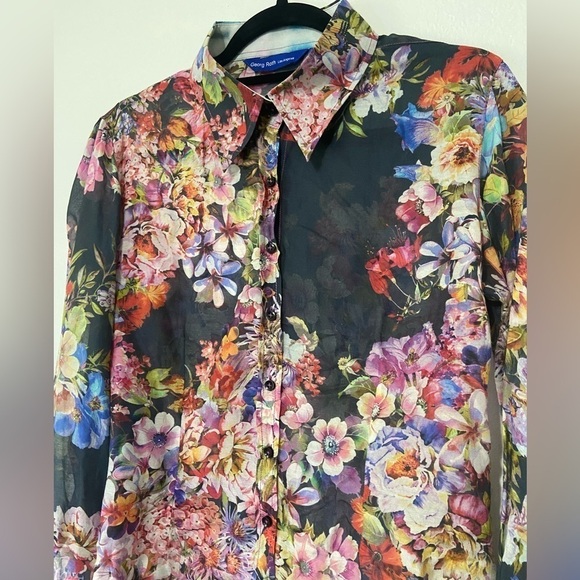George Roth women's medium floral silk button down NWOT raw rounded hem - Picture 4 of 10